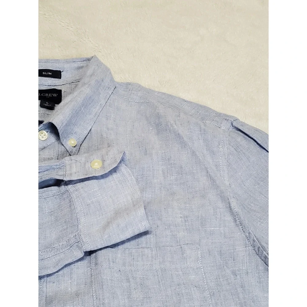 J. Crew Blue Linen Blend Button Dress Shirt Slim Fit Men Large Casual Classic